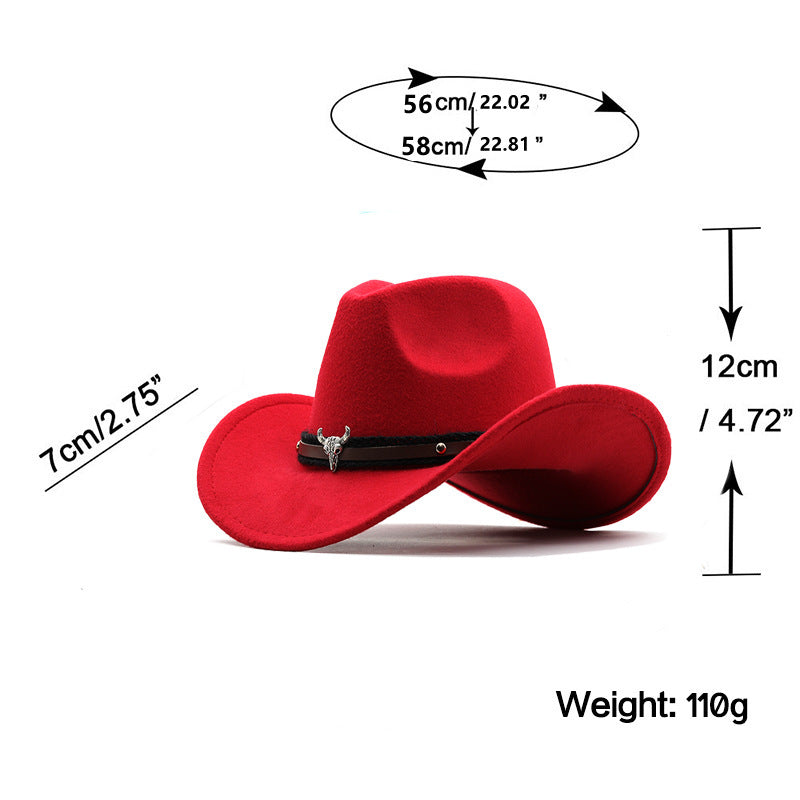 Metal Bull Head Label Western Denim Top Woolen Fedora Hat Hat