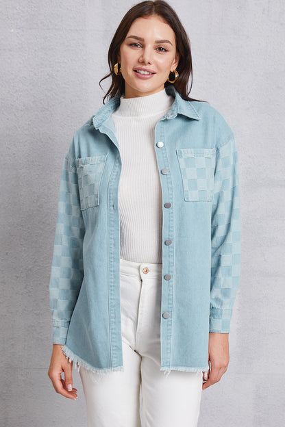 Raw Hem Checkered Dropped Shoulder Denim Jacket Dresses & Tops