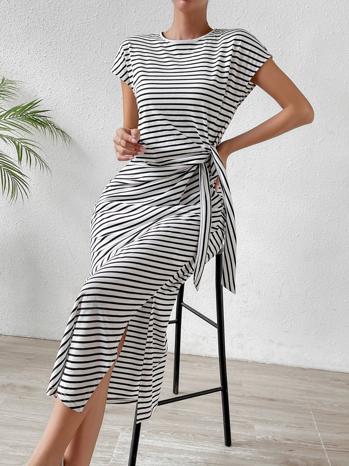 Tied Striped Round Neck Short Sleeve Tee Dress Dresses & Tops