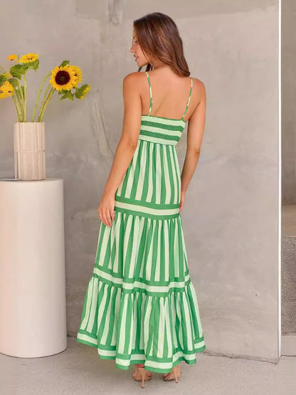 Summer Striped Printed Suspender Long Dress With Pockets Fashion Square Neck Backless Dresses For Beach Vacation Women Clothing apparel & accessories