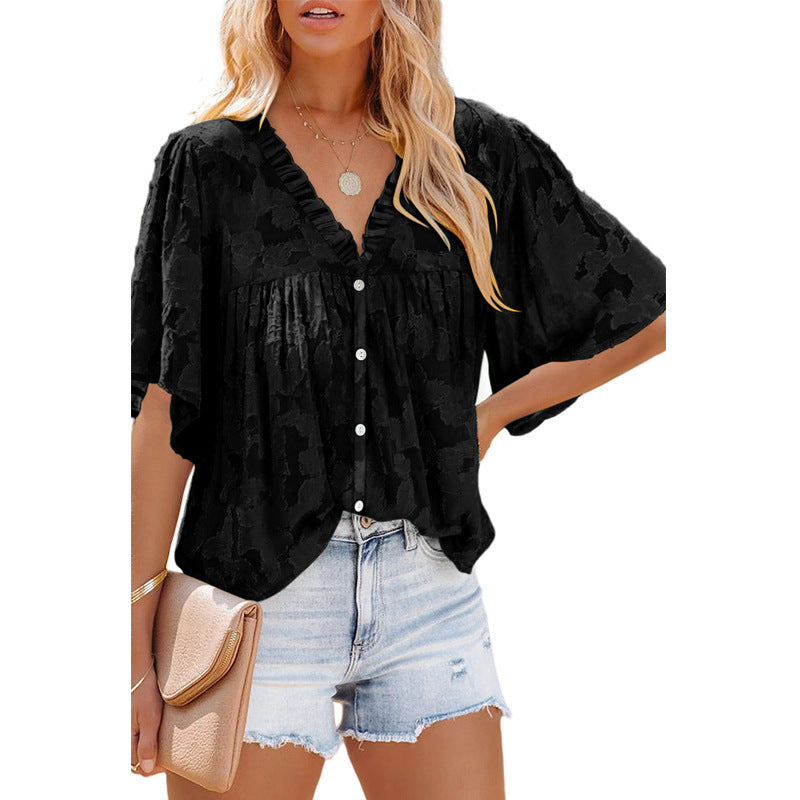 V-neck Cardigan Five-point Mid-sleeve Chiffon Shirt Print Top apparels & accessories