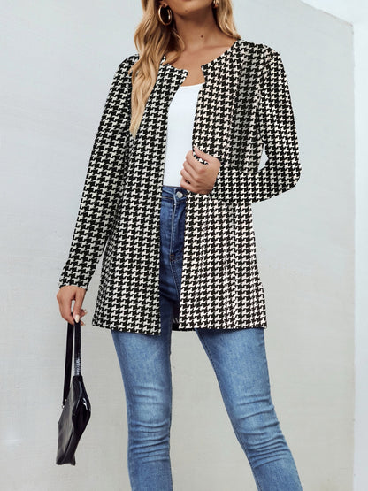 Houndstooth Open Front Long Sleeve Jacket Dresses & Tops