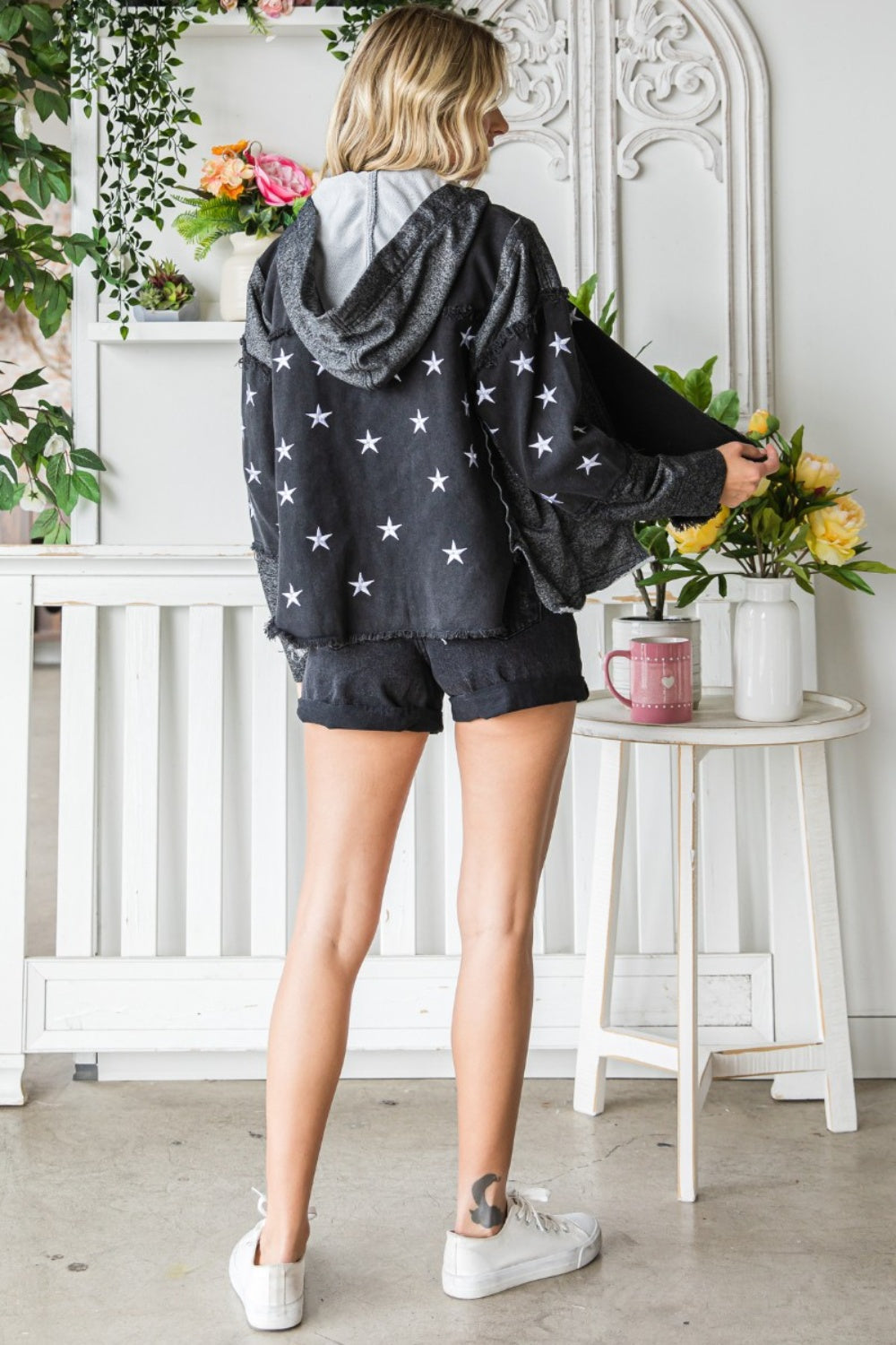 Veveret Star Embroidered Hooded Denim Jacket apparel & accessories