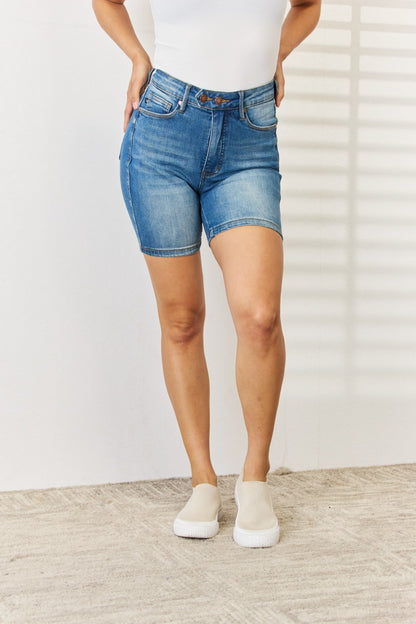 Judy Blue Full Size Tummy Control Double Button Bermuda Denim Shorts apparel & accessories