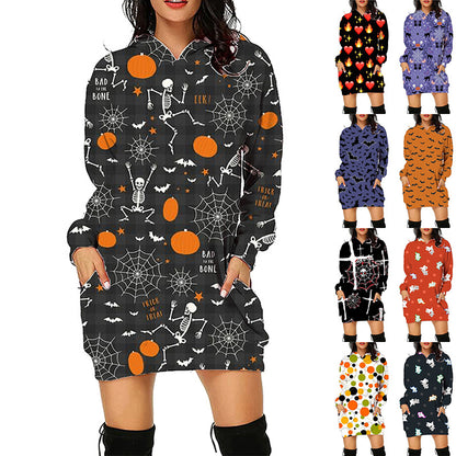 Halloween Print Long Hoodie With Pockets halloween