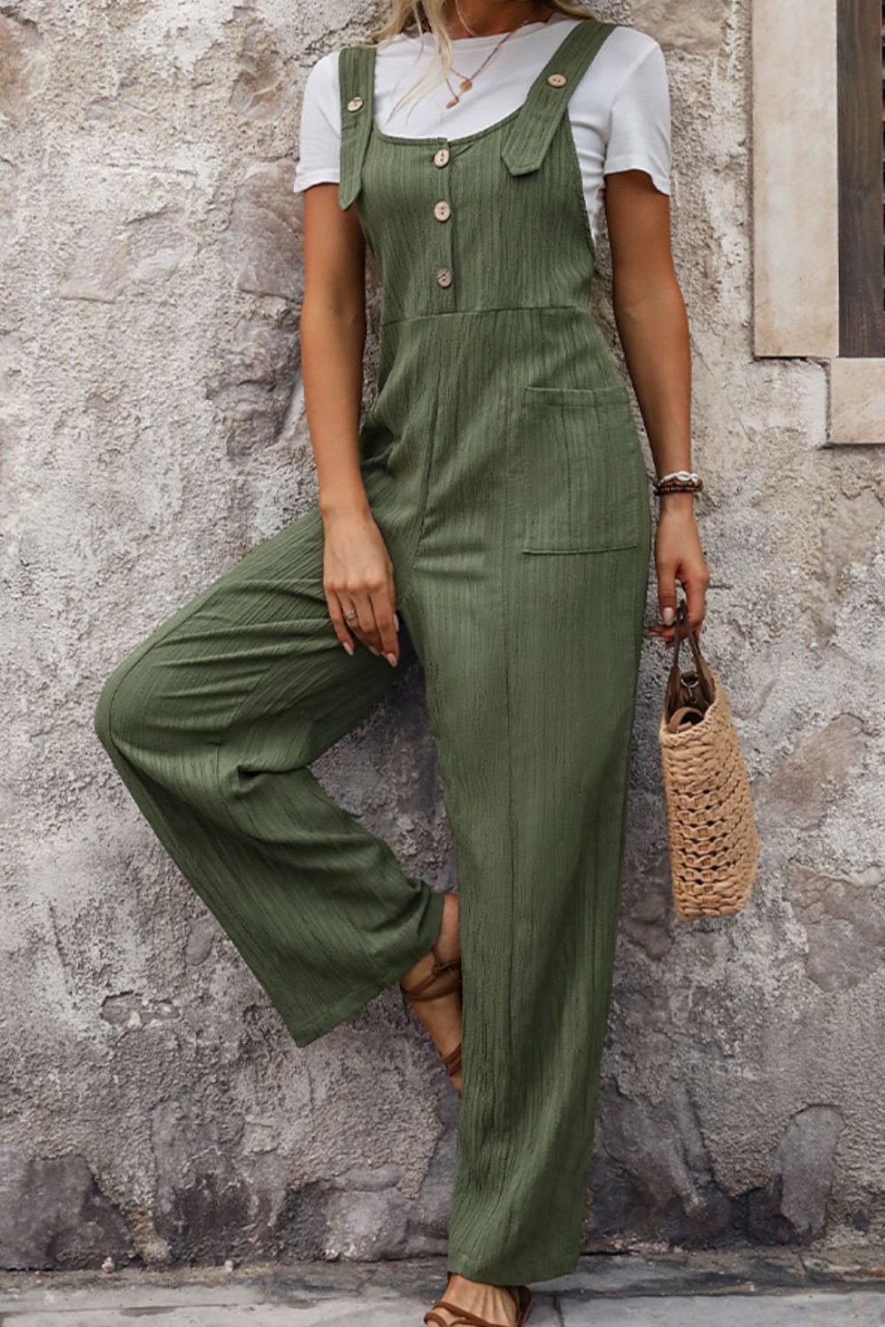 Textured Pocketed Wide Strap Overalls Bottom wear