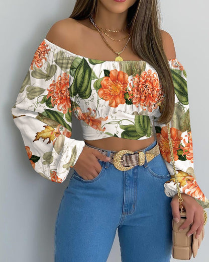 Women's Printed Off-the-Shoulder One-Neck Balloon Sleeve Top apparel & accessories