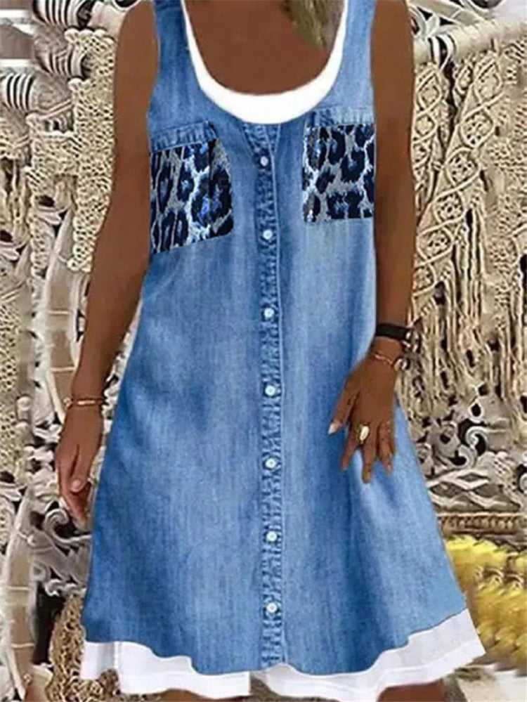 Women's Fashion Denim Print Sleeveless Round Neck Dress apparel & accessories