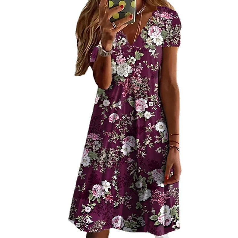 Plant Flower Printed V-neck Loose Women's Dress apparel & accessories