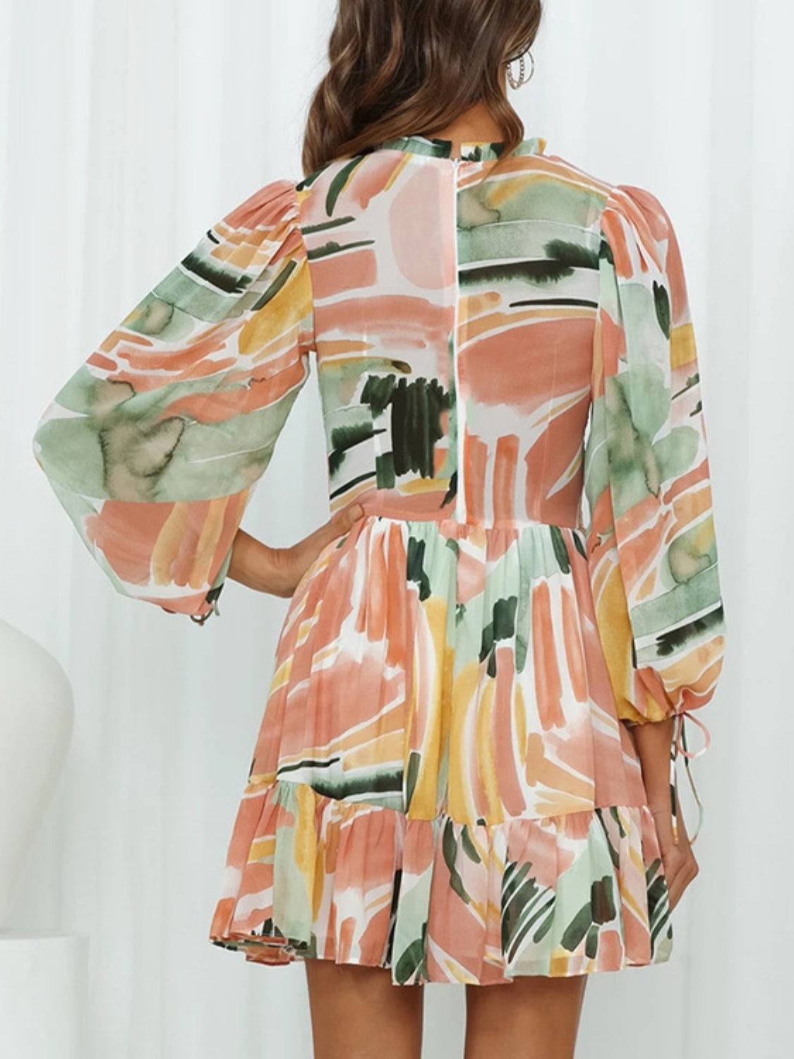 Printed Mock Neck Balloon Sleeve Mini Dress apparel & accessories