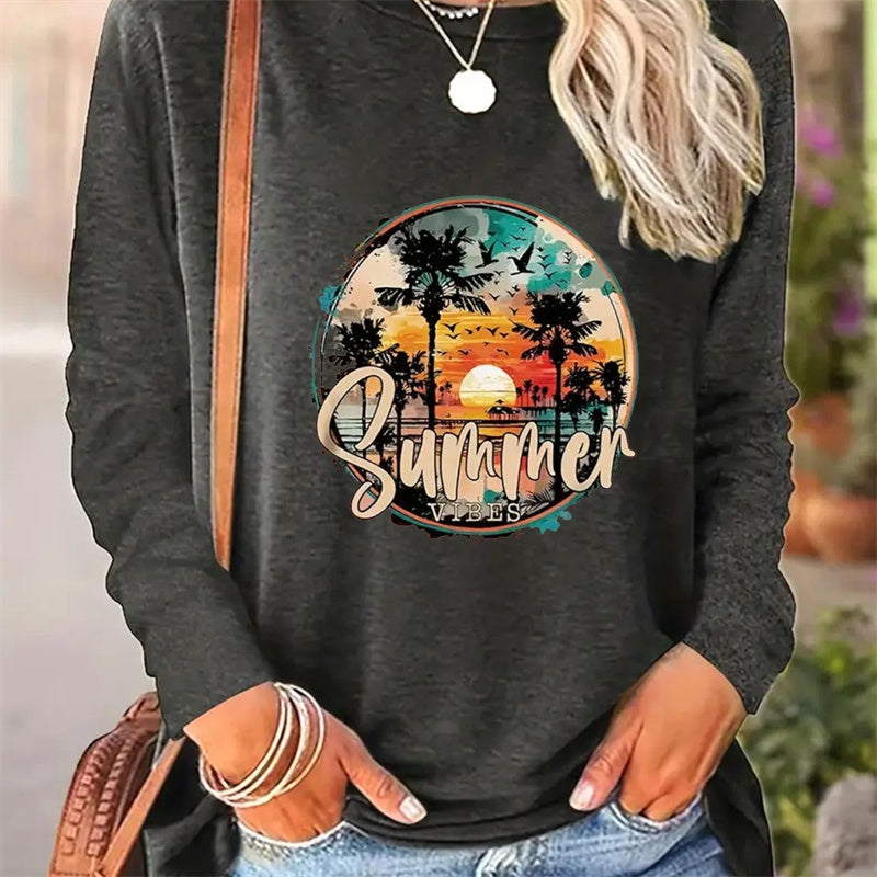 Autumn Women Casual Simple Pattern Printed Round Neck Long Sleeve T-shirt apparels & accessories