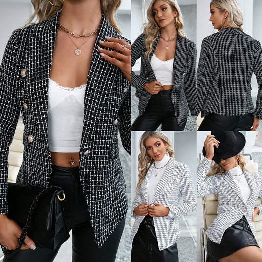 Women's Double-breasted Commuter Coat Jacket With Checkered Slim Fit Suit apparel & accessories