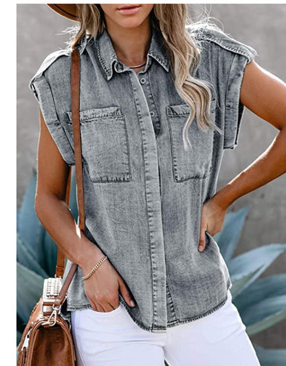 Sleeveless Denim Shirt Straight Pocket Loose Blouse Women apparel & accessories