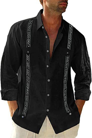 Men's Short-sleeved Linen Cuban Beach Top Pocket Guayabella Shirt apparel & accessories