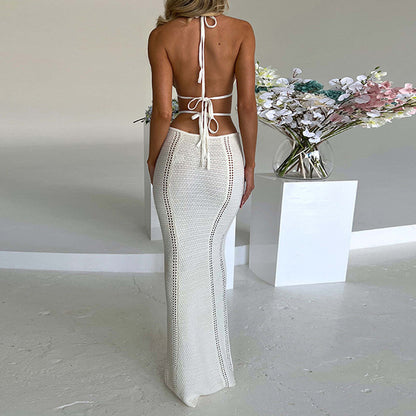 Sexy Backless Halter Long Dress V-neck Hollow Splicing Package Hip Skirt apparel & accessories