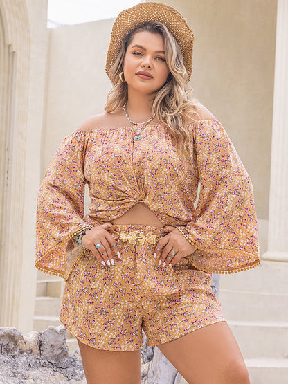 Plus Size Printed Off-Shoulder Top and Shorts Set Bottom wear