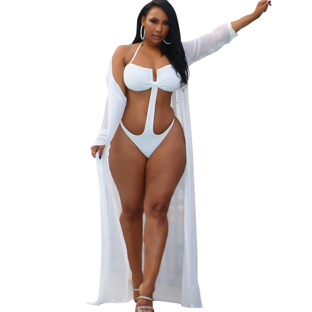 Women's Mesh See-Through Hot Drilling Long Sleeve Swimsuit Cape apparel & accessories