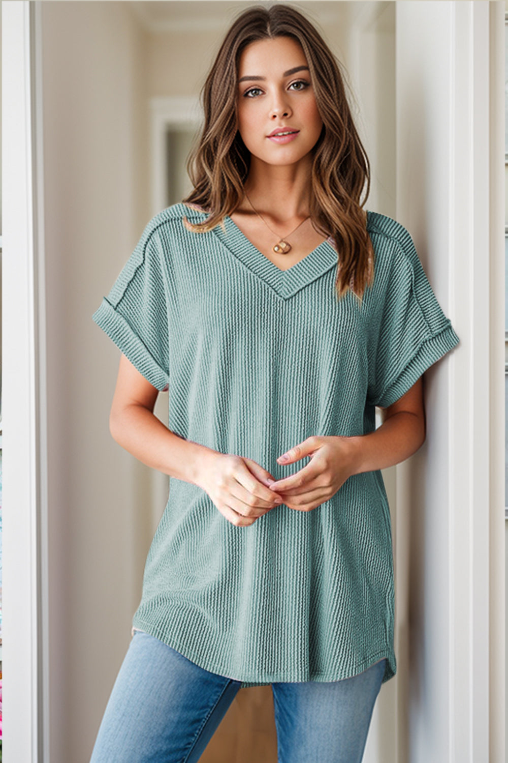 Textured V-Neck Short Sleeve Top Dresses & Tops