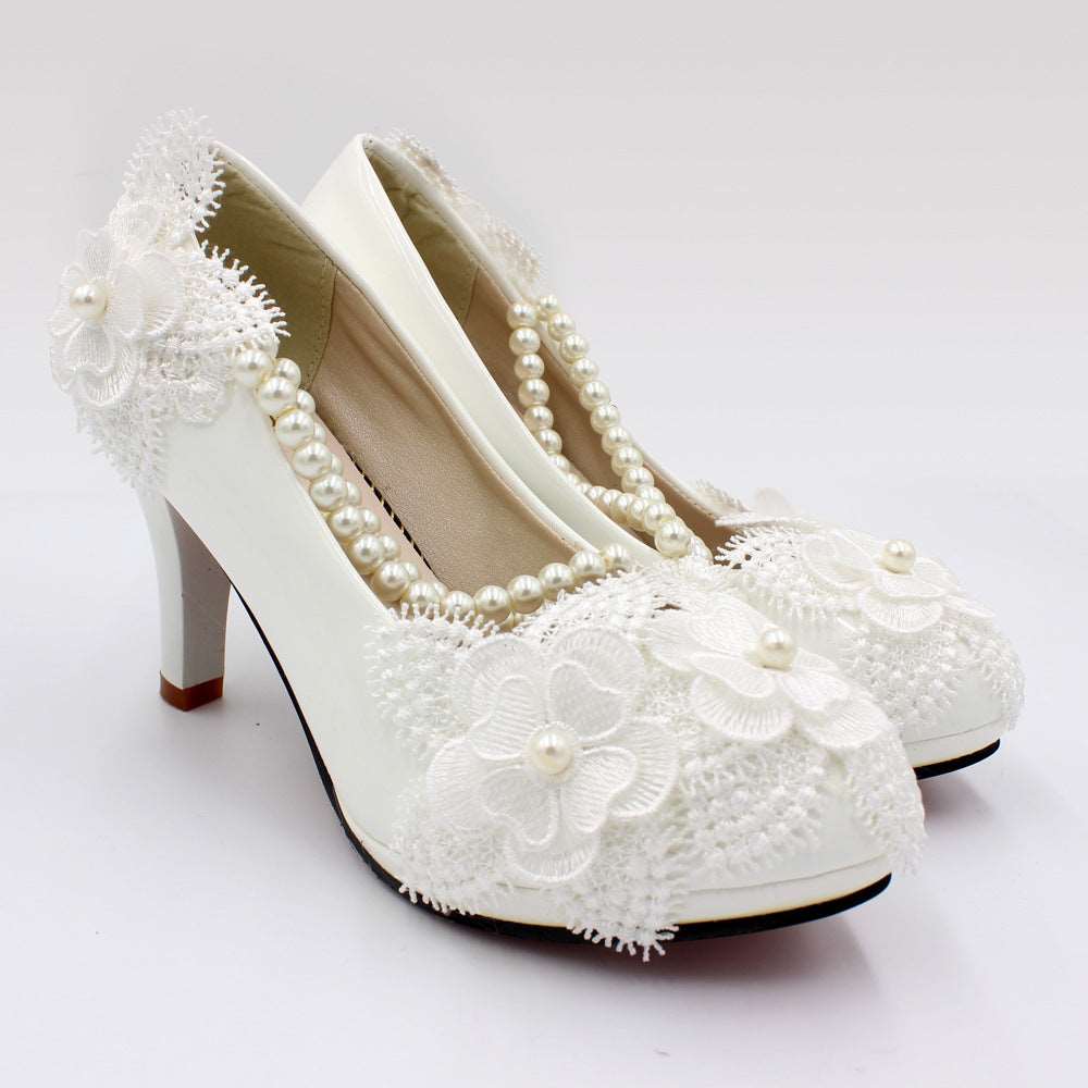 Floral White High Heels Shoes & Bags