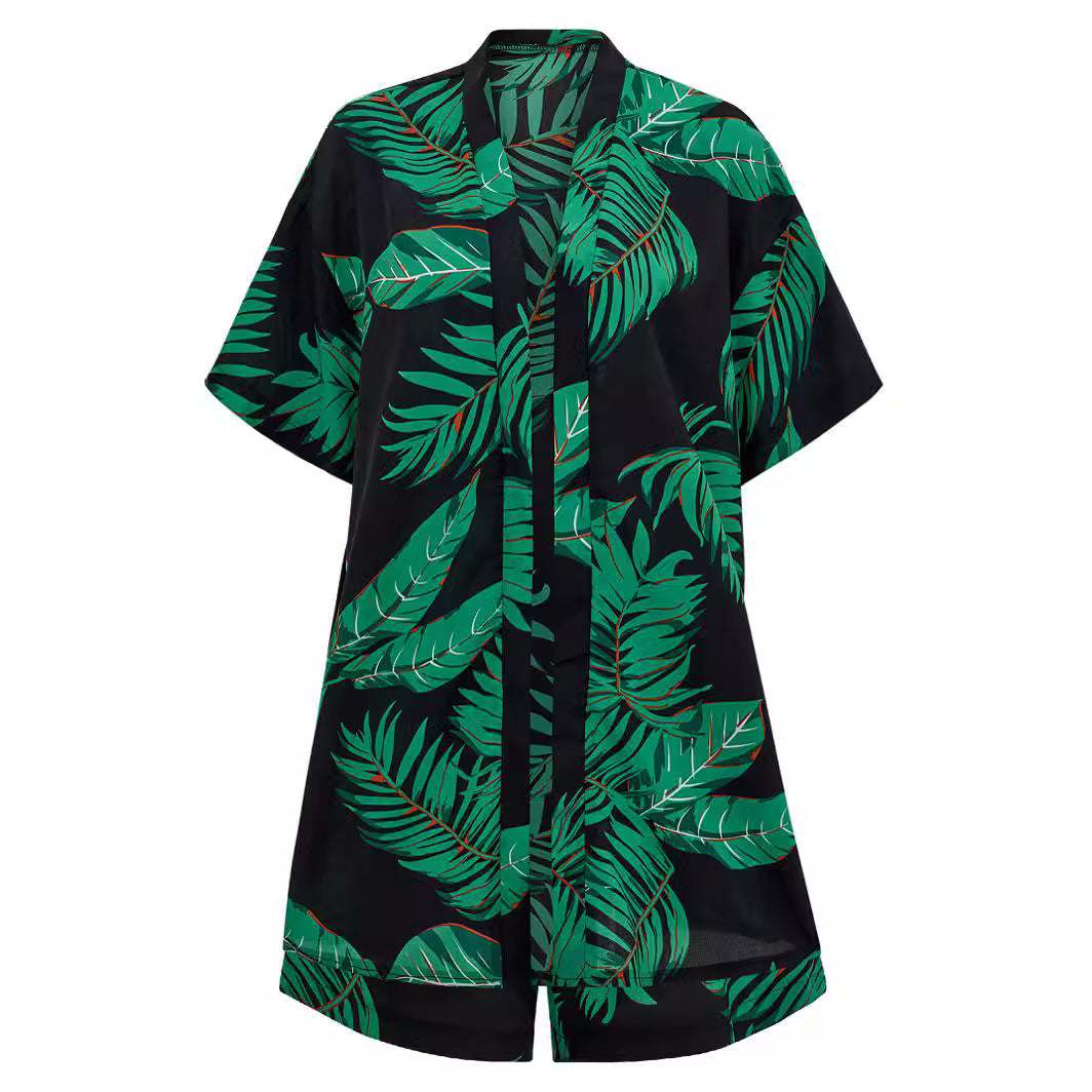 Casual Holiday Leaves Print Suit Summer Short Sleeve Shirt Top And Drawstring Shorts apparel & accessories