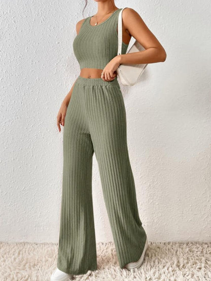 Ribbed Round Neck Tank and Pants Sweater Set apparel & accessories