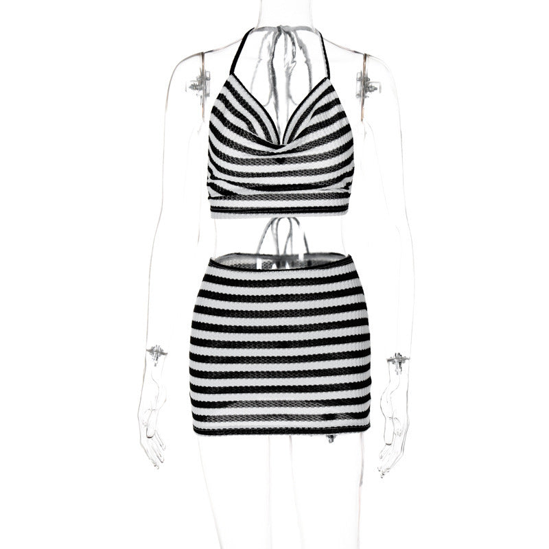 Halter Backless Chest Wrap Striped Sheath Skirt apparels & accessories