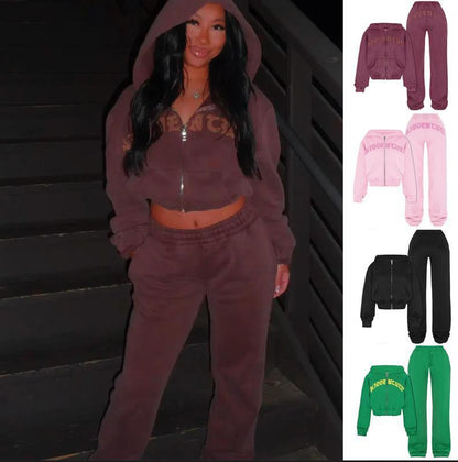 Hooded Cropped Sweatshirt Top -Loose Drawstring Trousers apparels & accessories