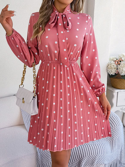 Women's Polka-dot Self-tie Waist-controlled Long Sleeves Pleated Skirt apparels & accessories