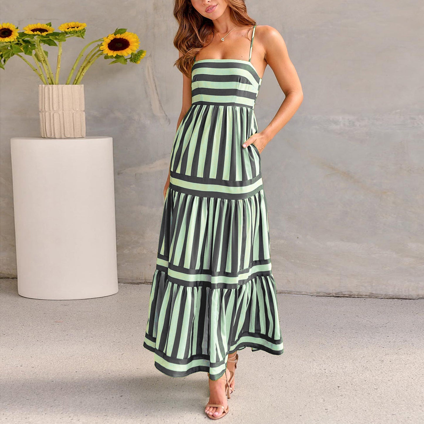 Striped Printed Suspender Long Dress apparel & accessories