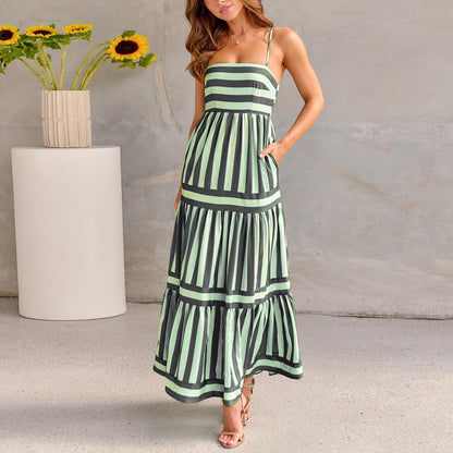 Summer Striped Printed Suspender Long Dress With Pockets Fashion Square Neck Backless Dresses For Beach Vacation Women Clothing apparel & accessories