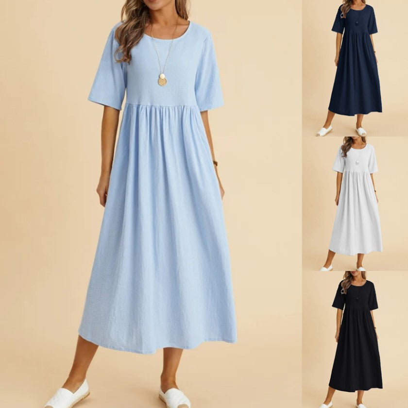 Women's Fashion Casual Loose Cotton Linen Round-neck Dress apparels & accessories