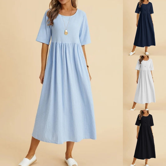 Women's Fashion Casual Loose Cotton Linen Round-neck Dress apparels & accessories