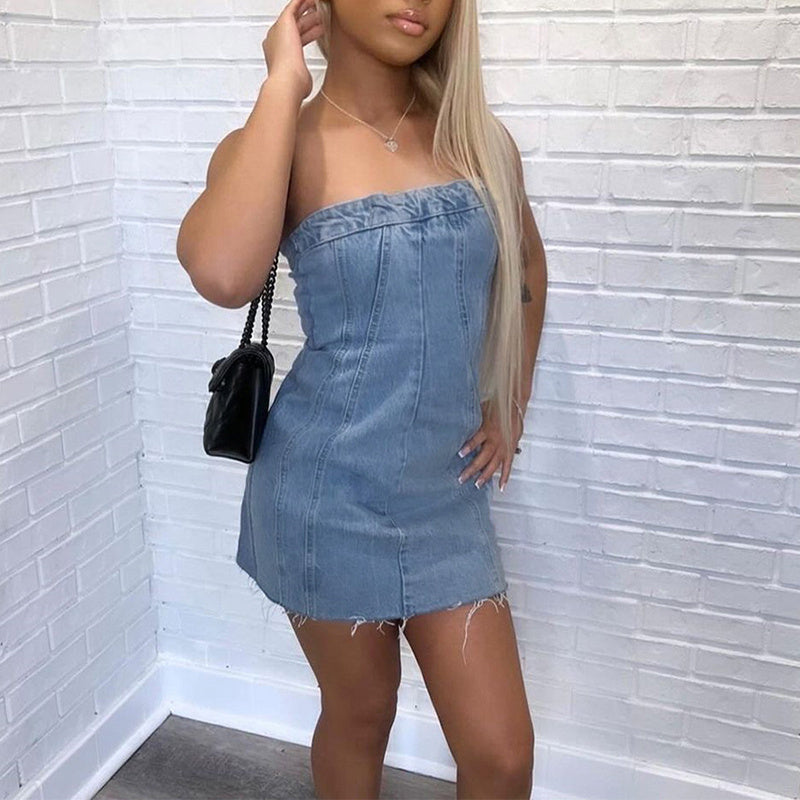 Fashion Backless Tube Denim Dress Dresses & Tops