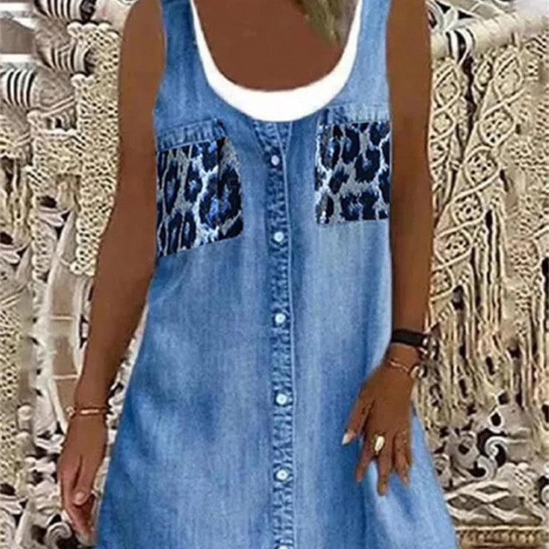 Women's Fashion Denim Print Sleeveless Round Neck Dress apparel & accessories