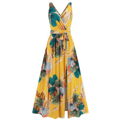 V-neck Floral Print Long Dress Tie Slit Design apparel & accessories