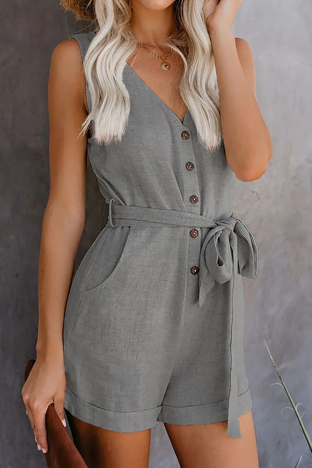 Tied V-Neck Sleeveless Romper with Pockets Dresses & Tops