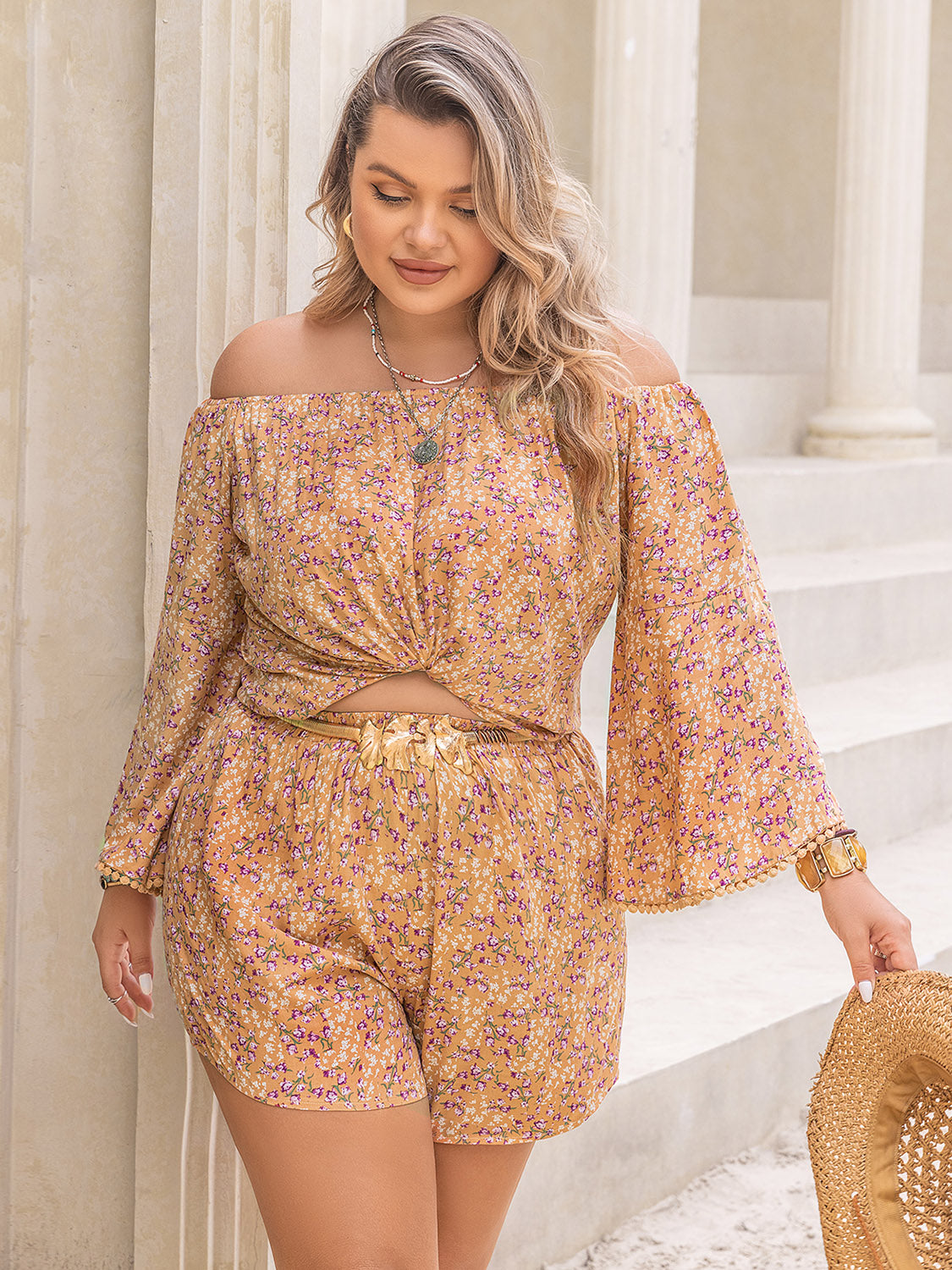 Plus Size Printed Off-Shoulder Top and Shorts Set Bottom wear