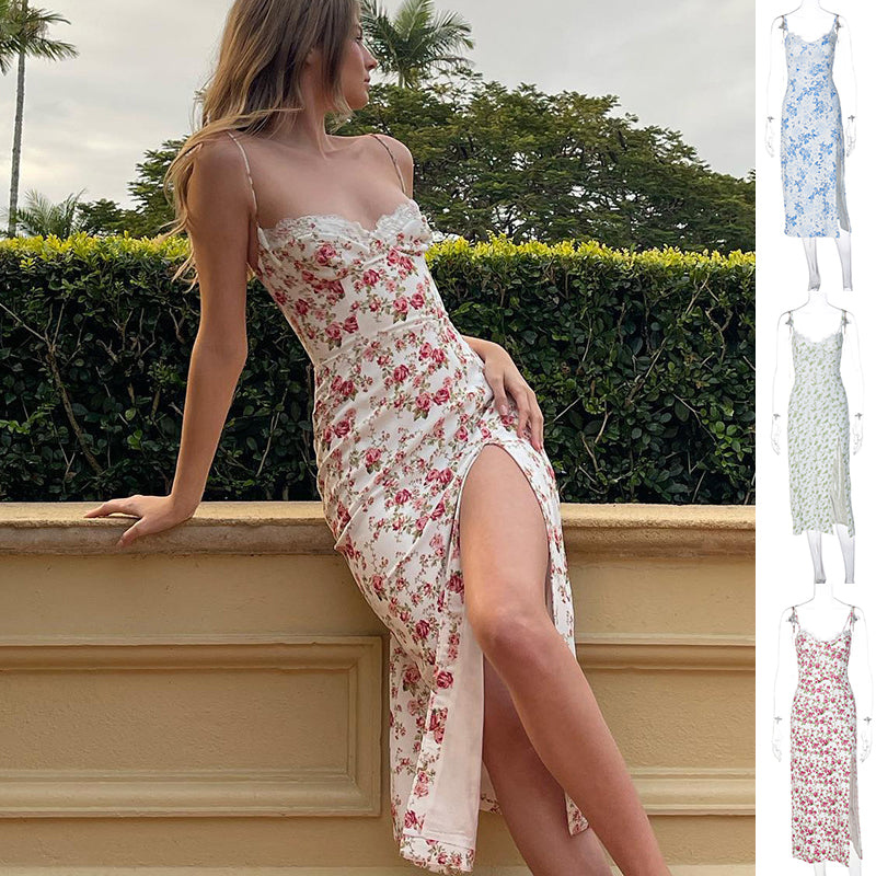 Lace Flowers Print Long Dress Sexy Fashion Slit Suspender Dress Summer Womens Clothing apparel & accessories
