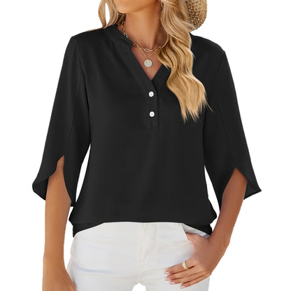 Button V-neck Mid-sleeve Chiffon Shirt Solid Color Top Womens Clothing apparel & accessories