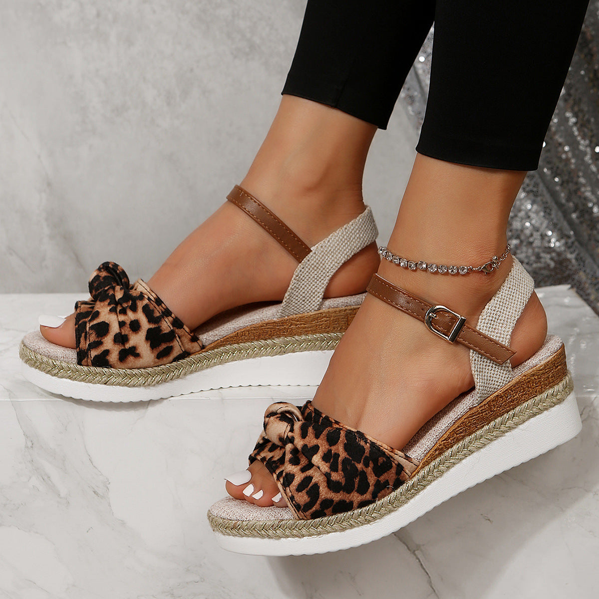 Thick-soled Bow Sandals Summer Fashion Casual Linen Buckle Wedges Shoes For Women Shoes & Bags