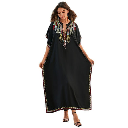 Women's Cotton Beach Cover-up Robe Style Loose Embroidery Vacation Dress apparel & accessories