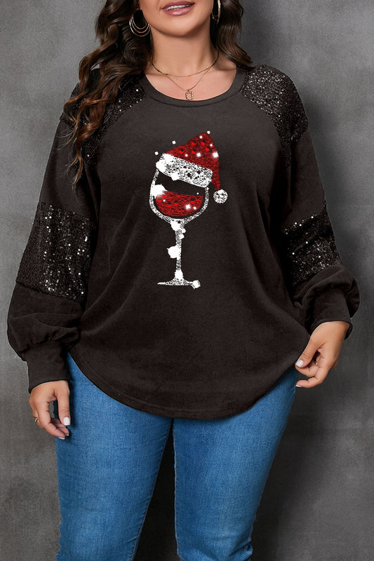 Plus Size Graphic Sequin Long Sleeve Round Neck T-Shirt Dresses & Tops