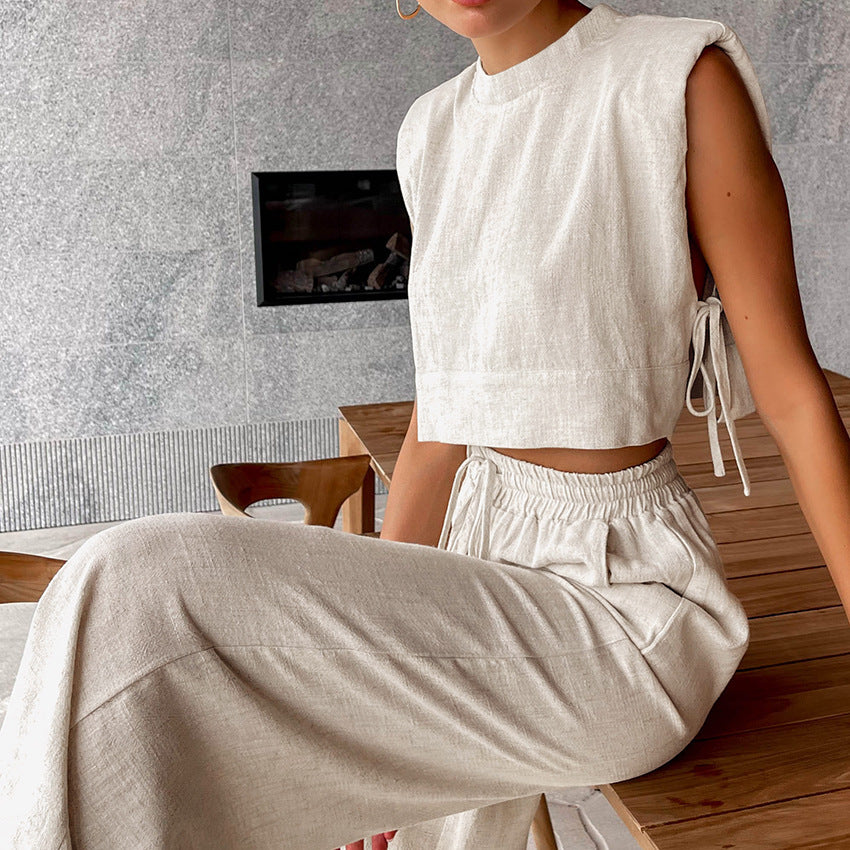 Sleeveless Blouse And Trousers Cotton Hemp Suit apparel & accessories