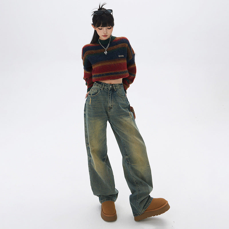 Retro Nostalgic Loose Wide-leg Jeans High Waist Slimming Drooping Straight Mop Pants apparel & accessories