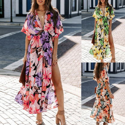 Hot Girl Fashion Printed Deep V Split Dress apparels & accessories