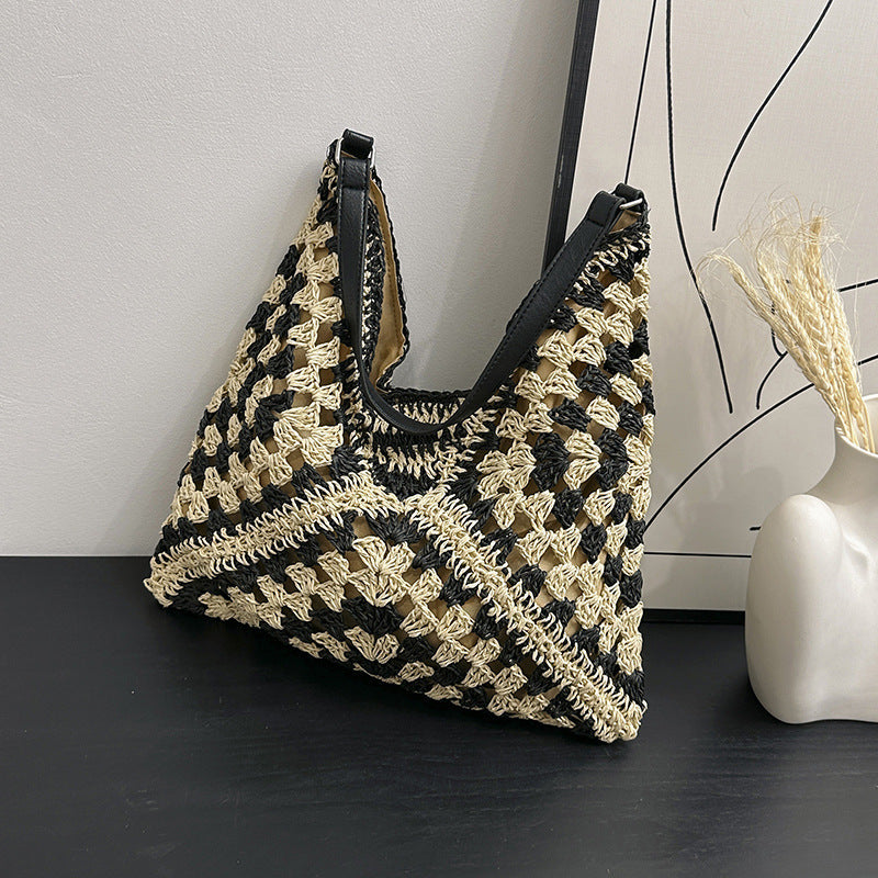 Women's Fashion Handmade Straw Woven Hollow Contrast Color Weave Shoulder Bag Accessories for women