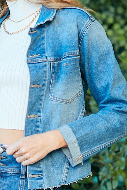 Veveret Button Up Raw Hem Denim Jacket Dresses & Tops