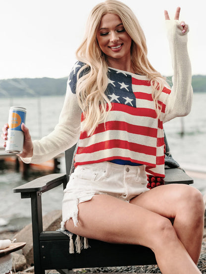 US Flag Boat Neck Long Sleeve Knit Top Dresses & Tops