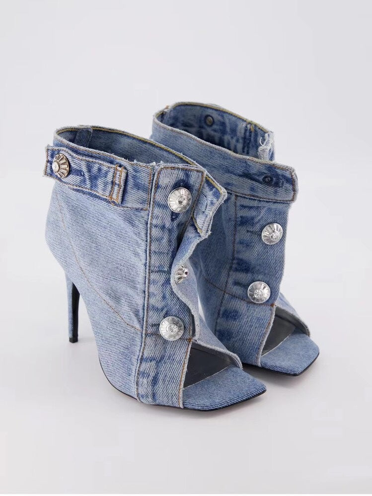 Short Boots High Heeled Rivets Denim apparel & accessories