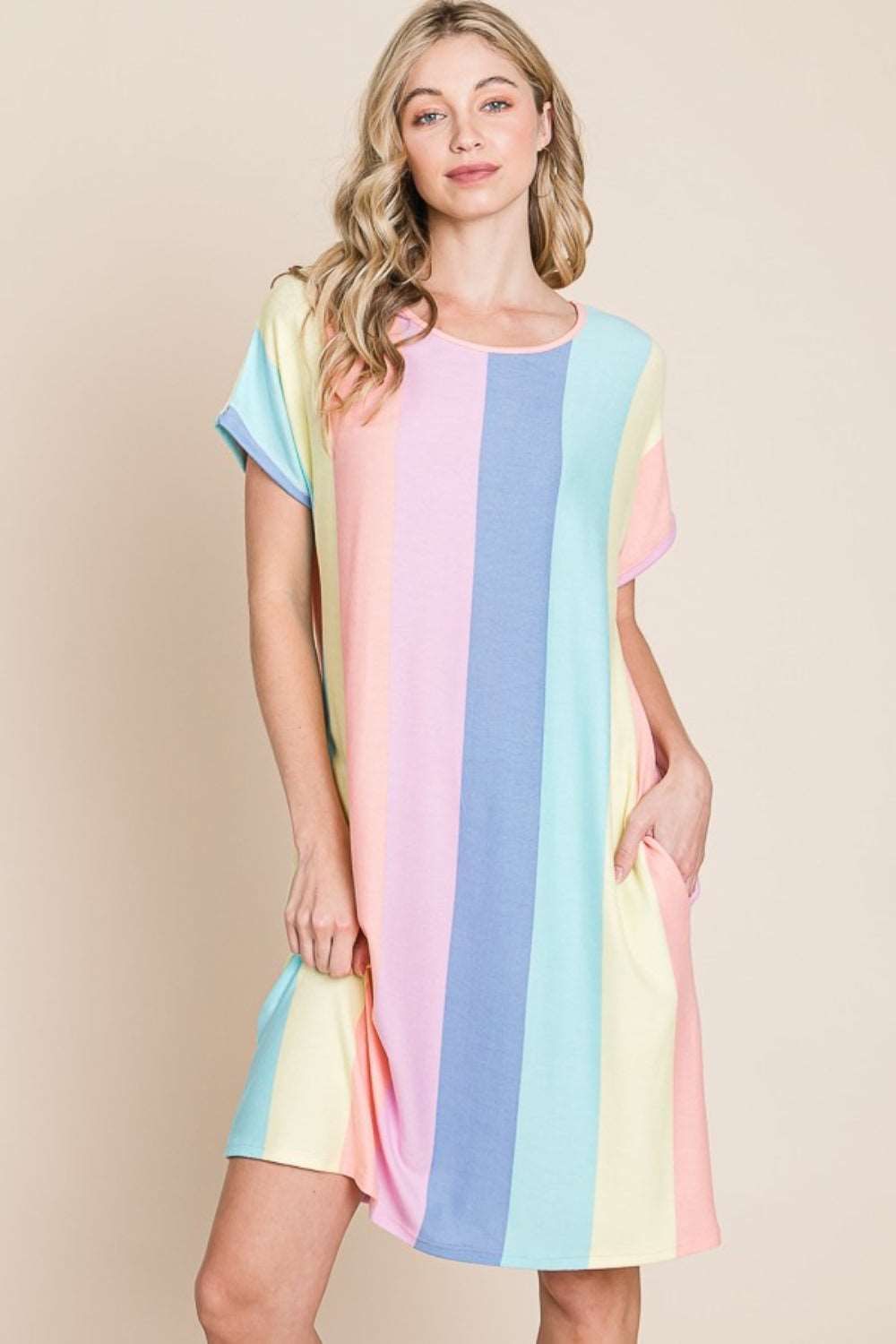 BOMBOM Striped Short Sleeve Dress with Pockets Dresses & Tops